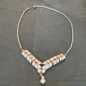 Vintage 1950’s Red and Clear Rhinestone V-Drop Choker Necklace
